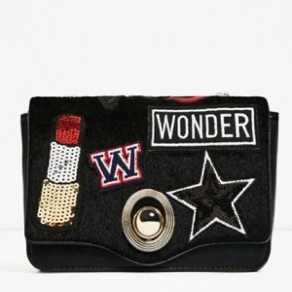 Zara Retro 2 in 1 Mix & Match Wonder Reversible Black Patch Flap Crossbody Bag